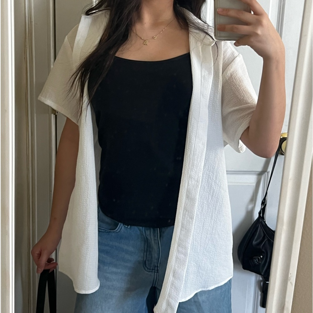 white buttoned down linen cardigan shirt